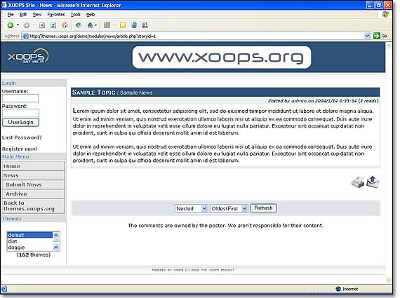 This is a common sight for XOOPS users: the default theme showing a very common default module (News)