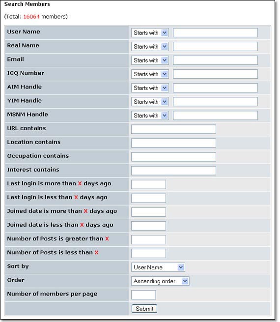 The Members module starts with a highly configurable search form. Don't want to use it? Just press Enter.