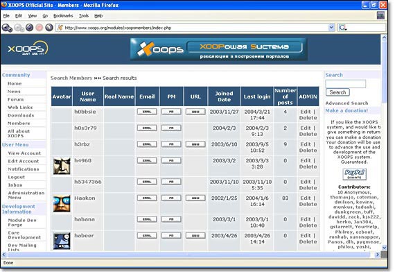 The result of the search is a list of members, with links to their e-mail accounts, their Private Messages inbox and their Web sites