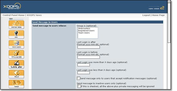 Site managers can send messages to users as groups, or using various criteria
