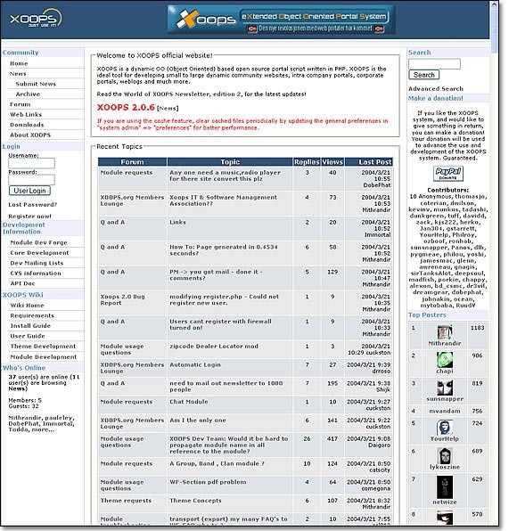 The XOOPS main site presents a user side focused on a community site.
