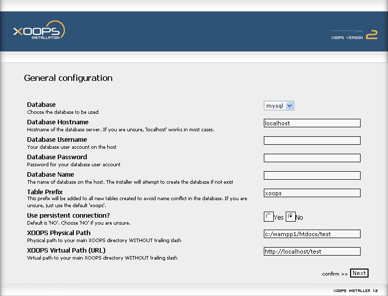 In this screen you'll capture the information to access your database.